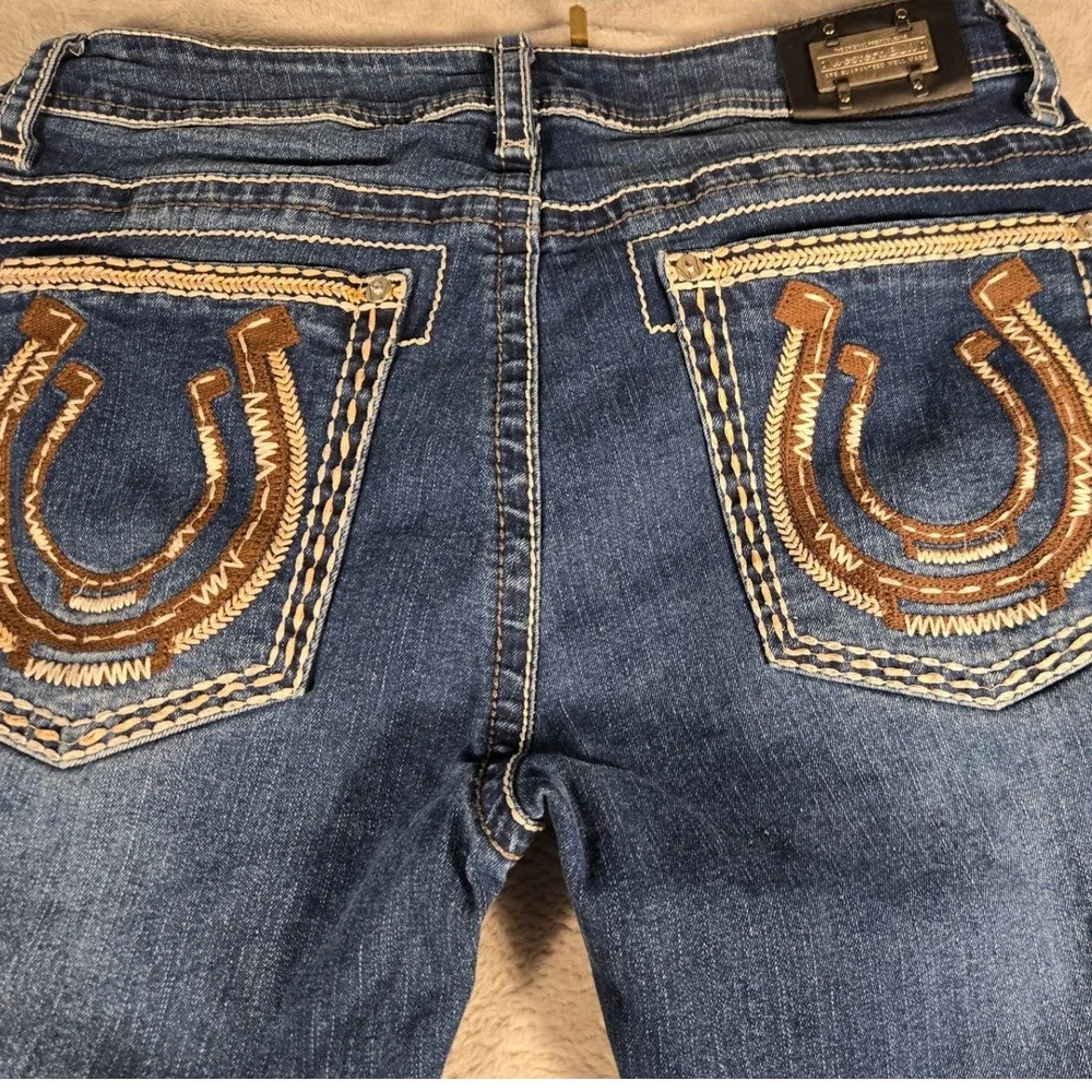 Western Bull Mens Straight Fit Jeans Dark Wash Horseshoe Embroidery 36x30 Blue